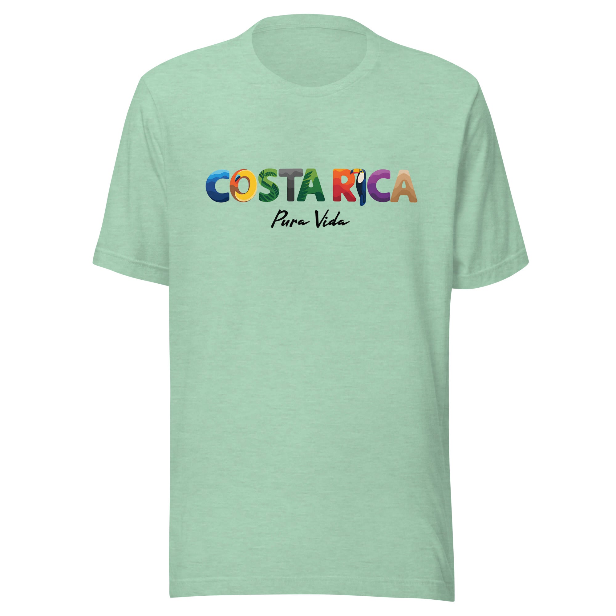 T-shirt con diseño colorido del país Costa Rica con texto “Costa Rica – Pura Vida”.
